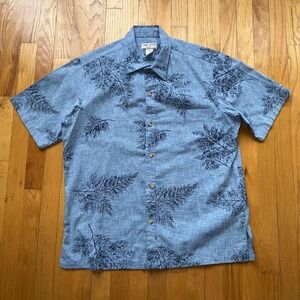 Vintage Hawaiian Shirt Mens L Blue Leaf Print Aloha Button Up Honolulu USA